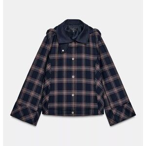 ZARA PLAID HOODED PUFFER JACKET COAT NAVY RED TRENCH SPRING XS 9598/680 VIRAL